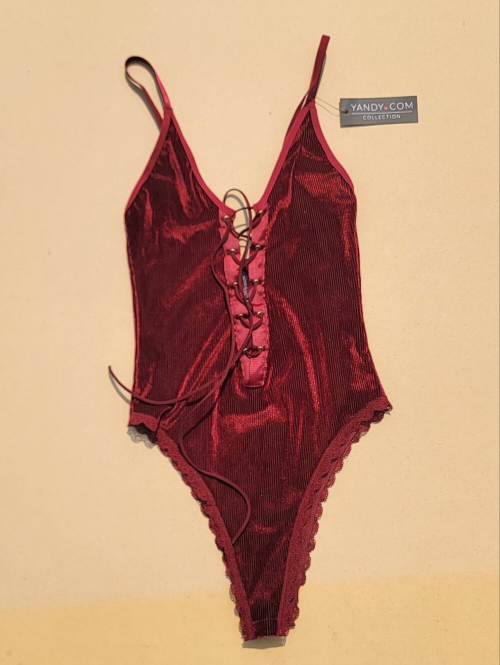 Yandy Burgundy Velvet Lace-Up Negligee Bodysuit